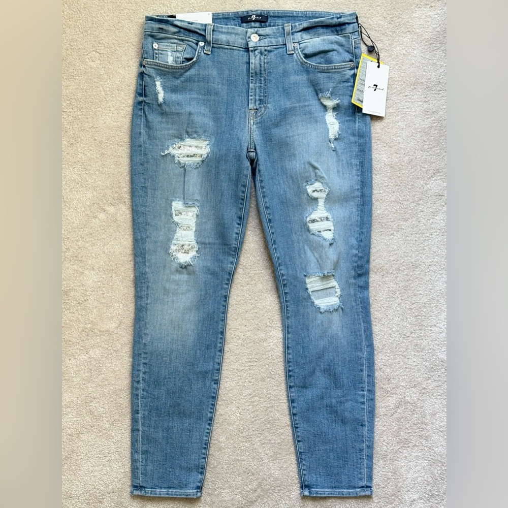 7 For All Mankind Womens Distressed Sequin Super Skinny Jeans - Size 31 - NWT